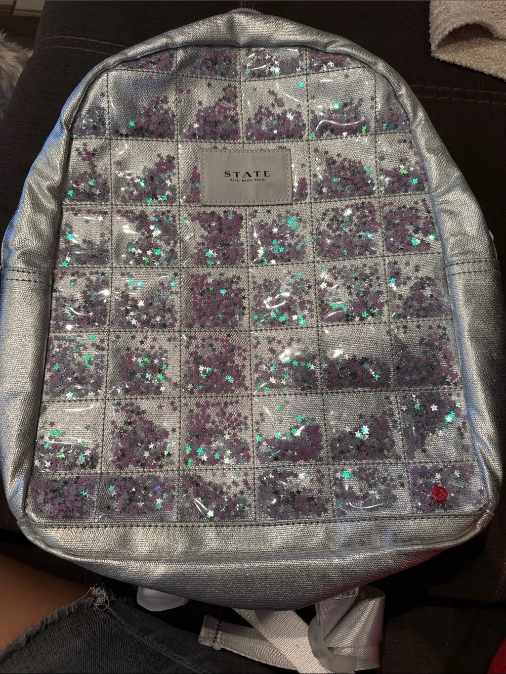 STATE Silver Backpack with Purple and Teal Star Glitter